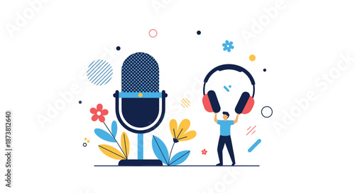 Minimalist concept illustration for a podcast or audio content, featuring a large microphone and a tiny person holding up headphones among flowers.
