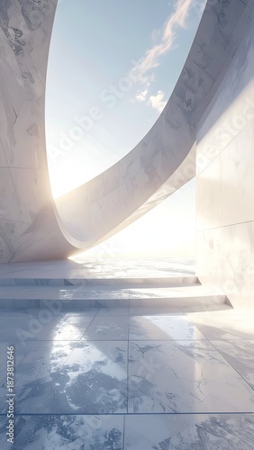 Light streams through a white, curving architectural form