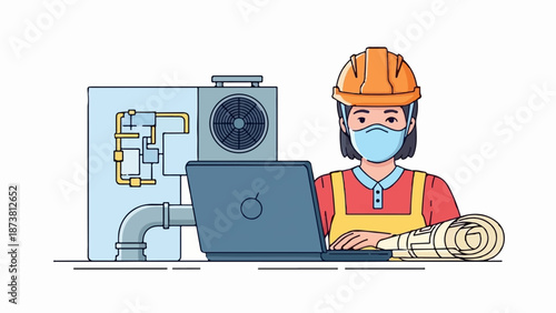 Engineer with hard hat and mask using laptop near HVAC unit