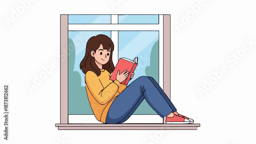 Cozy scene of a young woman reading a book by the window