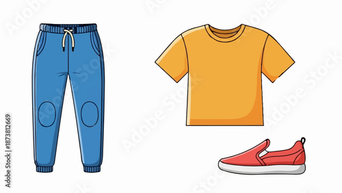 Casual outfit blue jogger pants, orange t-shirt, and red slip-on shoes