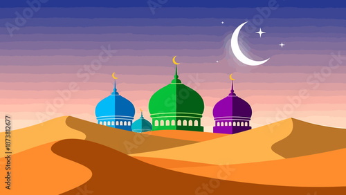 Mosque domes standing tall in the desert landscape under a serene twilight sky with a crescent moon shining brightly