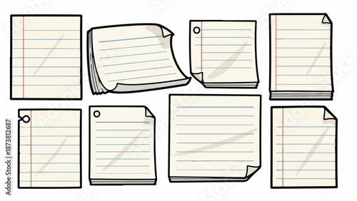 Collection of lined paper pages in various orientations and page counts