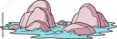 Cartoon-style pink rocks emerge from gentle blue water