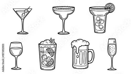 A collection of various cocktail glasses and drinks on a white background