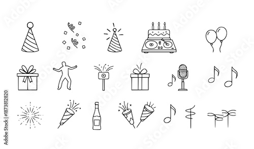 Party and celebration line icons vector set for birthdays, anniversaries, music, and events