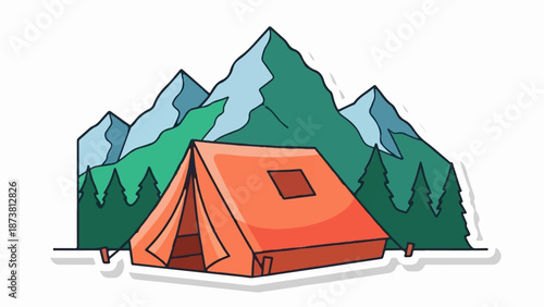 Cartoon-style orange tent set up in front of colorful, stylized mountains and pine trees