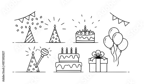 Celebration and party line icons vector set for events, birthdays, music, and entertainment