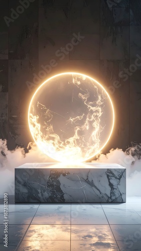 Luminous orb floats above marble platform with swirling clouds