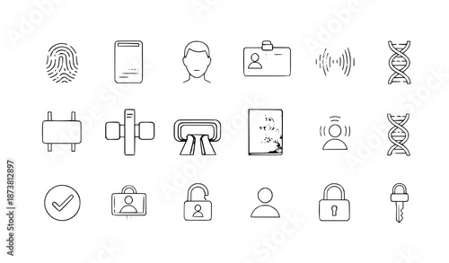 Digital identity line icons vector set for authentication, verification, and biometric security