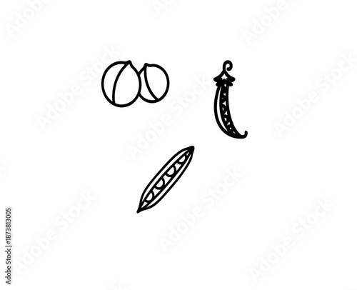 Green pea pod line art icons set with whole peas and open pods