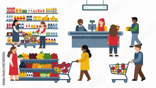 Diverse shoppers navigate grocery store aisles, interacting and checkout