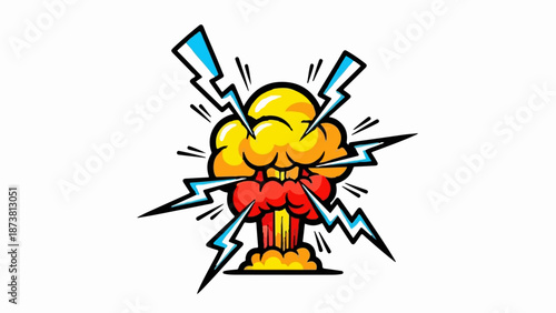 Explosive red and yellow cloud with lightning bolts striking outward