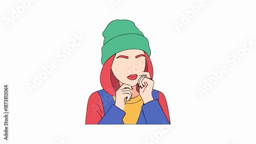 Faceless person in a green beanie, red hair, and colorful clothing