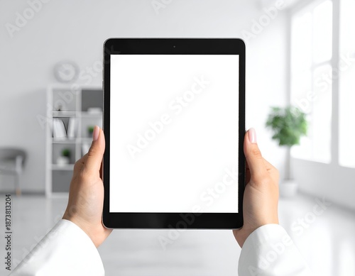 Woman holds a tablet with a blank screen in a bright room