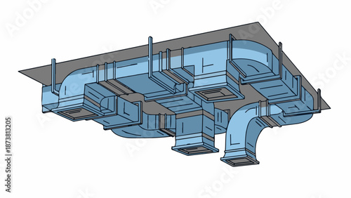 Detailed schematic of complex, suspended, blue ventilation ductwork system