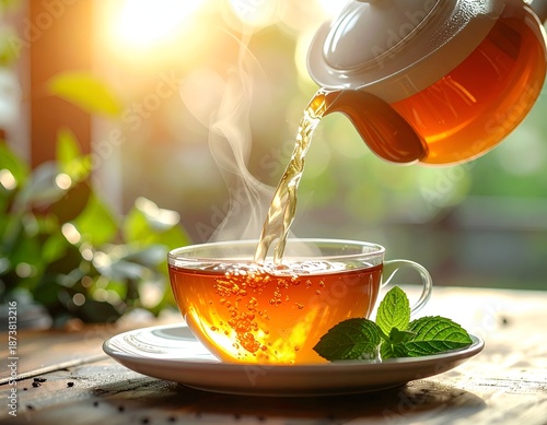 A teapot pours hot tea into a glass cup with mint in a sunlit setting