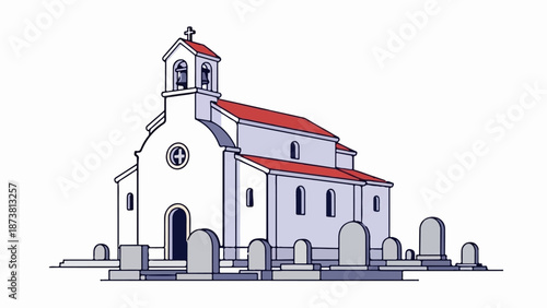 Cartoon-style church illustration with a red roof and bell tower, surrounded by gravestones