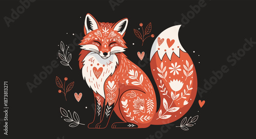 Beautiful illustration of a red fox decorated with white folk art floral patterns and hearts, in a charming Scandinavian style on a dark background.