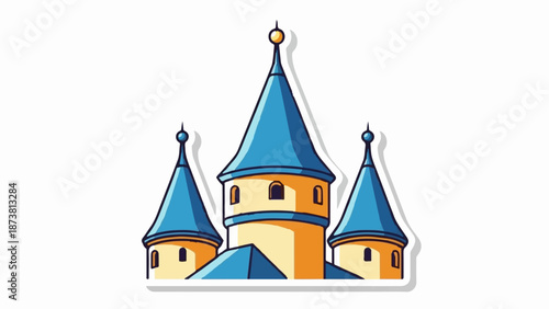 Cartoon-style castle with three blue conical towers and yellow cylindrical structures