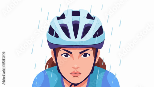 Determined cyclist faces rain with serious expression, wearing light blue helmet and jacket