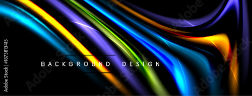 Abstract colorful lines flow across black background. Dynamic waves create modern visual effect. Bright hues suggest energy, movement.