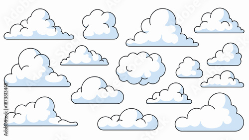 Collection of stylized cartoon clouds on a white background