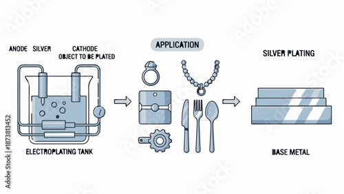 Diagram illustrating the process of silver electroplating various objects