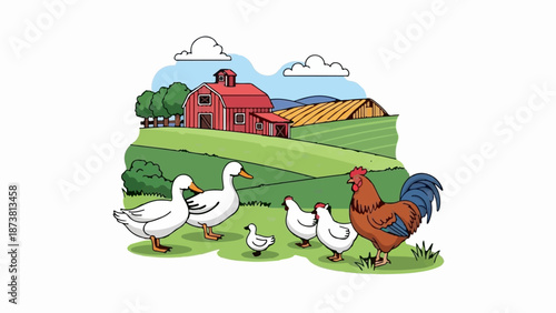 Farm animals gather near a red barn under a blue sky with clouds