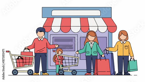 Family shopping at a store with carts and bags