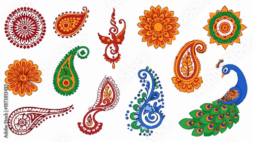 Collection of stylized floral, paisley, and peacock designs in vibrant colors