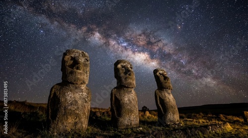 Mystical Moai Under the Stars:  Three enigmatic moai statues stand stoically beneath the vast, star-studded expanse of the night sky, their silhouettes etched against the shimmering Milky Way. 
