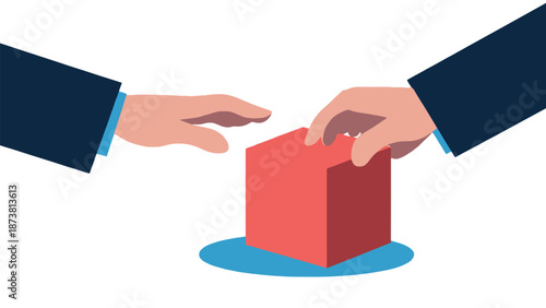 Two businessmen exchanging a red cube on a blue background