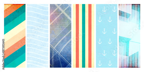 Set of vertical or horizontal banner with Nautical theme and retro pattern. Collection of background with vintage paper. Copy space for text. Topic of travel, trip abroad on vacation, cruise and tour
