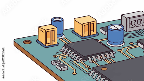 Close-up illustration of a circuit board with various electronic components