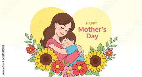 A heartwarming Mother's Day illustration of a mother embracing her child surrounded by vibrant flowers and sunflowers from a frontal viewpoint