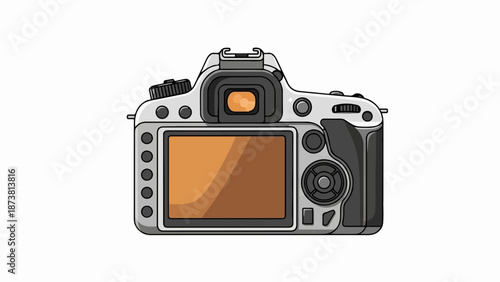 Digital camera back view with viewfinder, screen, and controls