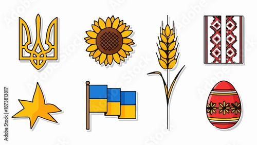 Collection of Ukrainian cultural symbols, including a trident, sunflower, wheat, flag, and pysanka egg