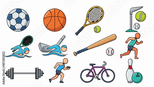 Collection of various sports equipment and activity icons