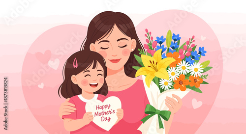 A heartwarming illustration of a mother and daughter embracing with a bouquet of flowers on Mother's Day
