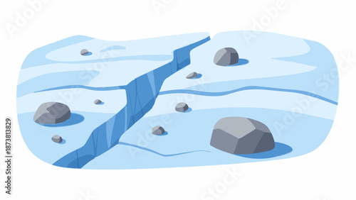 Cracked icy surface with scattered grey rocks on a light blue background