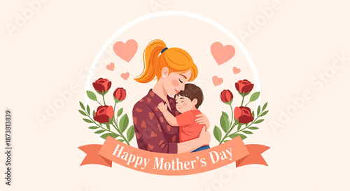 A mother and child embracing, surrounded by flowers and hearts, celebrating Mother's Day with love and affection