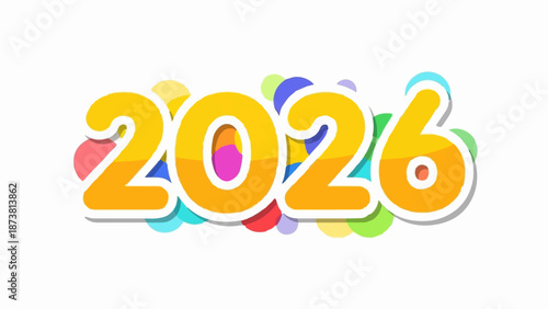 Colorful, vibrant numbers "2026" with a playful, childlike aesthetic, set against a white background with scattered circles
