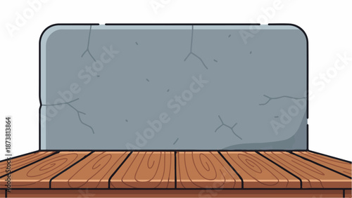 Cracks on stone surface behind a wooden display shelf