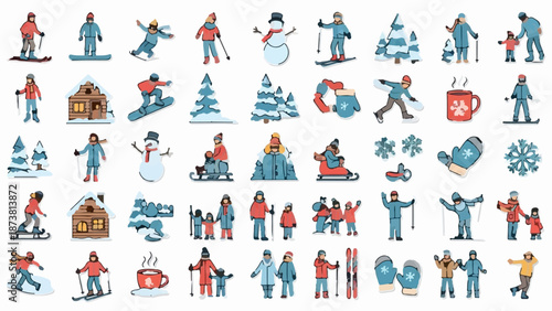 Collection of winter activity icons skiing, snowboarding, snowmen, houses, trees, and hot drinks