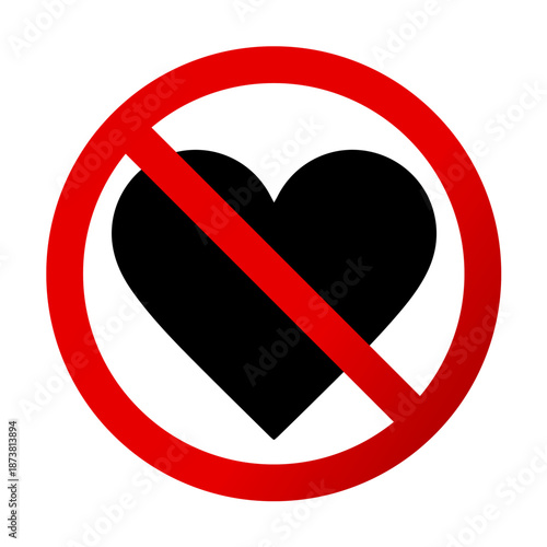 Vector icon red prohibition sign with a black heart, symbol of rejection of love, isolated on transparent background. Anti‑Valentine concept.