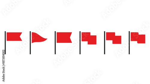 A collection of red flags on black poles against a white background