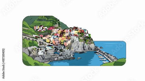 Colorful village built on a rocky cliff overlooking the blue sea