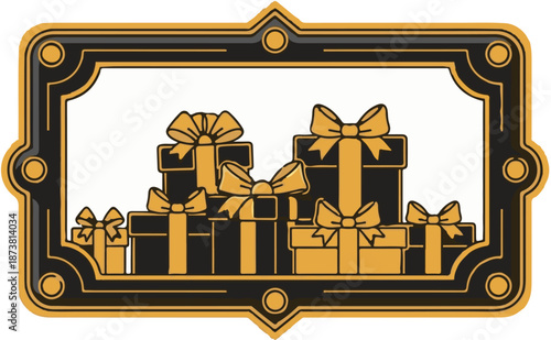 Festive assortment of gift boxes with golden bows, enclosed within an ornate black and gold border