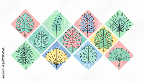 Colorful diamond shapes with tropical leaf illustrations